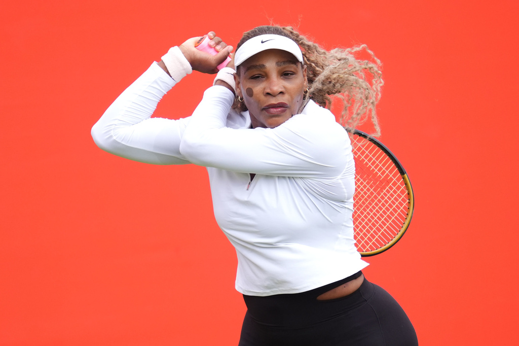 Serena Williams of the US practices at The Queen's Club, in London, Sunday June 7, 2026. (Adam Davy/PA via AP)