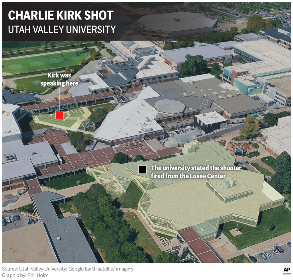 The map above shows the site on the Utah Valley University campus where conservative activist Charlie Kirk was shot. (AP Digital Embed)