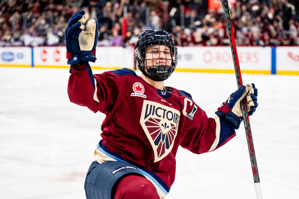 Montréal Victoire's Marie-Philip Poulin (29) celebrates her game-winning goal against the Minnesota Frost during third overtime period of an PWHL playoff hockey game in Laval, Que., on Tuesday, May 5, 2026. (Christopher Katsarov/The Canadian Press via AP)