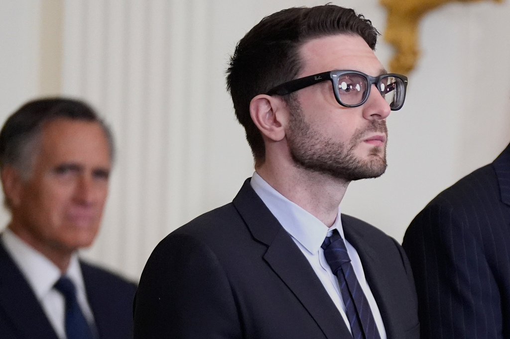 FILE - Alex Soros, on behalf of his father George Soros, stands in the East Room of the White House, Jan. 4, 2025, in Washington. (AP Photo/Manuel Balce Ceneta, File)