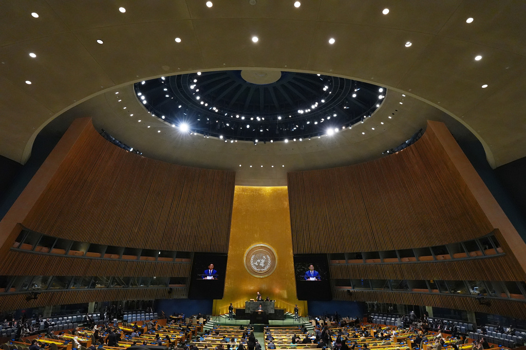 Mongolian President Khurelsukh Ukhnaa addresses the 81st session of the United Nations General Assembly at U.N. headquarters Tuesday, Sept. 22, 2026. (AP Photo/Frank Franklin II)
