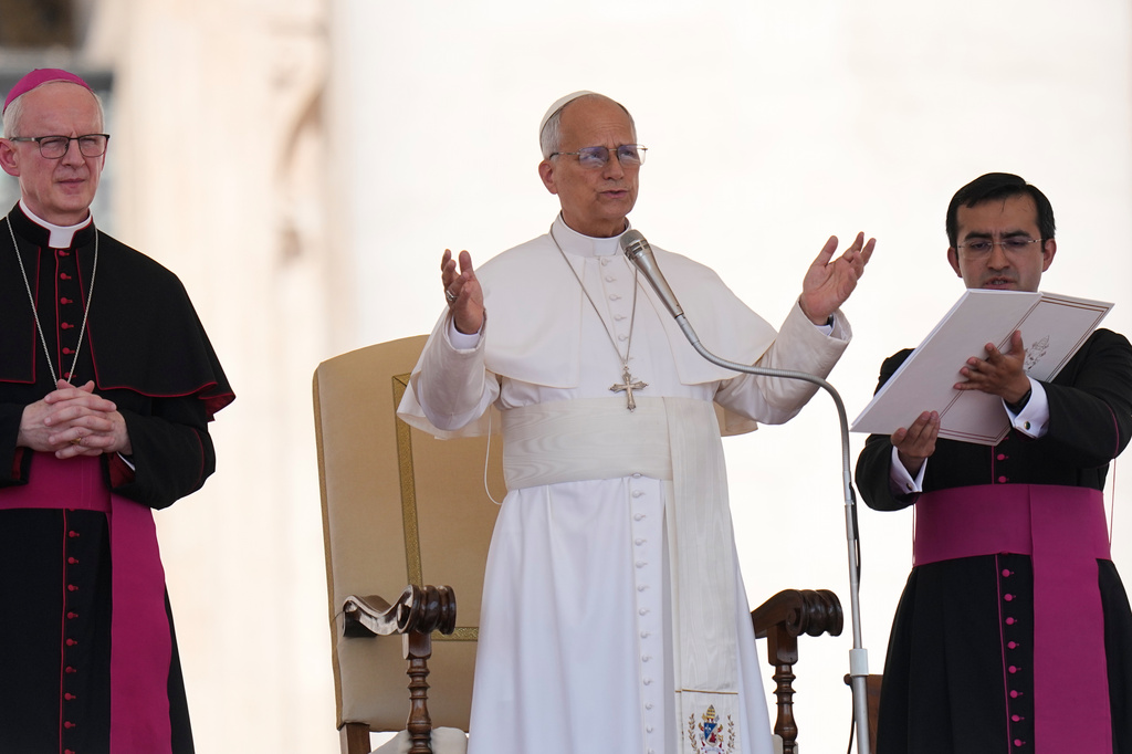 Pope Leo XIV holds his weekly general audience in St. Peter's Square at The Vatican, Wednesday, June 24, 2026. (AP Photo/Alessandra Tarantino)