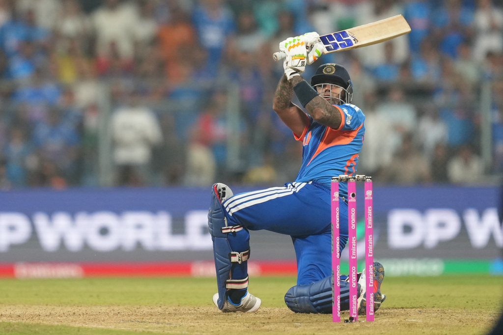 India's captain Suryakumar Yadav plays a shot during the T20 World Cup cricket match between India and the United States in Mumbai, India, Saturday, Feb. 7, 2026. (AP Photo/Rafiq Maqbool)