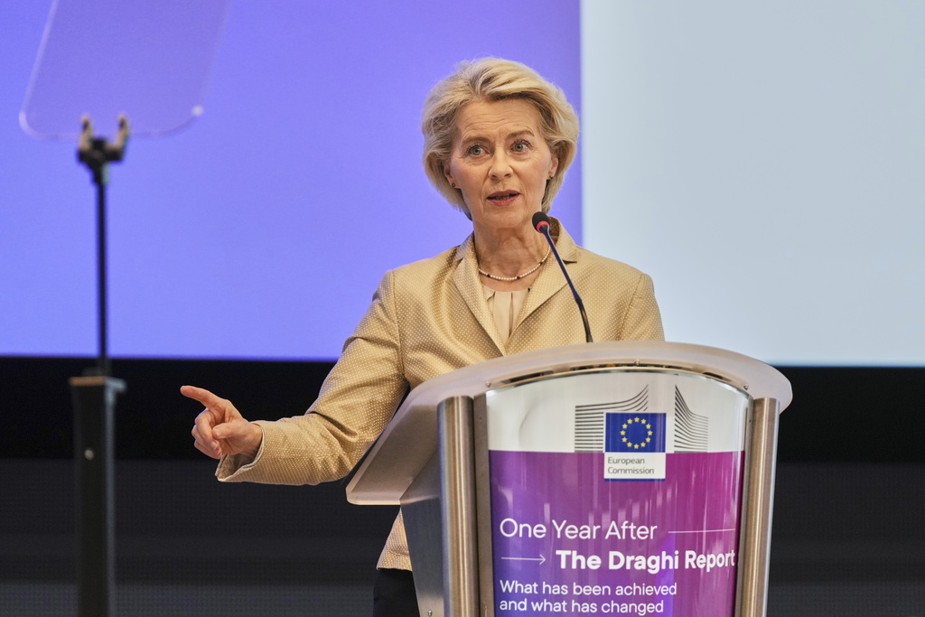 European Commission President Ursula von der Leyen addresses the audience during the conference "One Year After the Draghi Report" at the EU Charlemagne building in Brussels, Tuesday, Sept. 16, 2025. (AP Photo/Virginia Mayo)