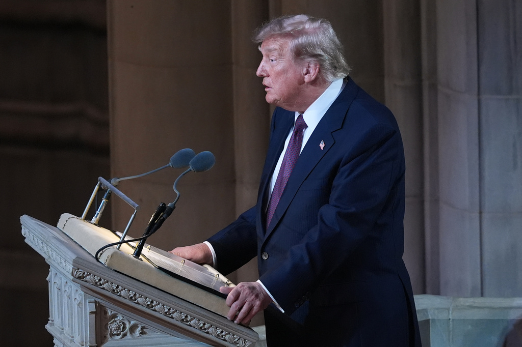 President Donald Trump speaks during the funeral of Sen. Lindsey Graham, R-S.C., Tuesday July 28, 2026, at the Washington National Cathedral in Washington. (AP Photo/Jacquelyn Martin)