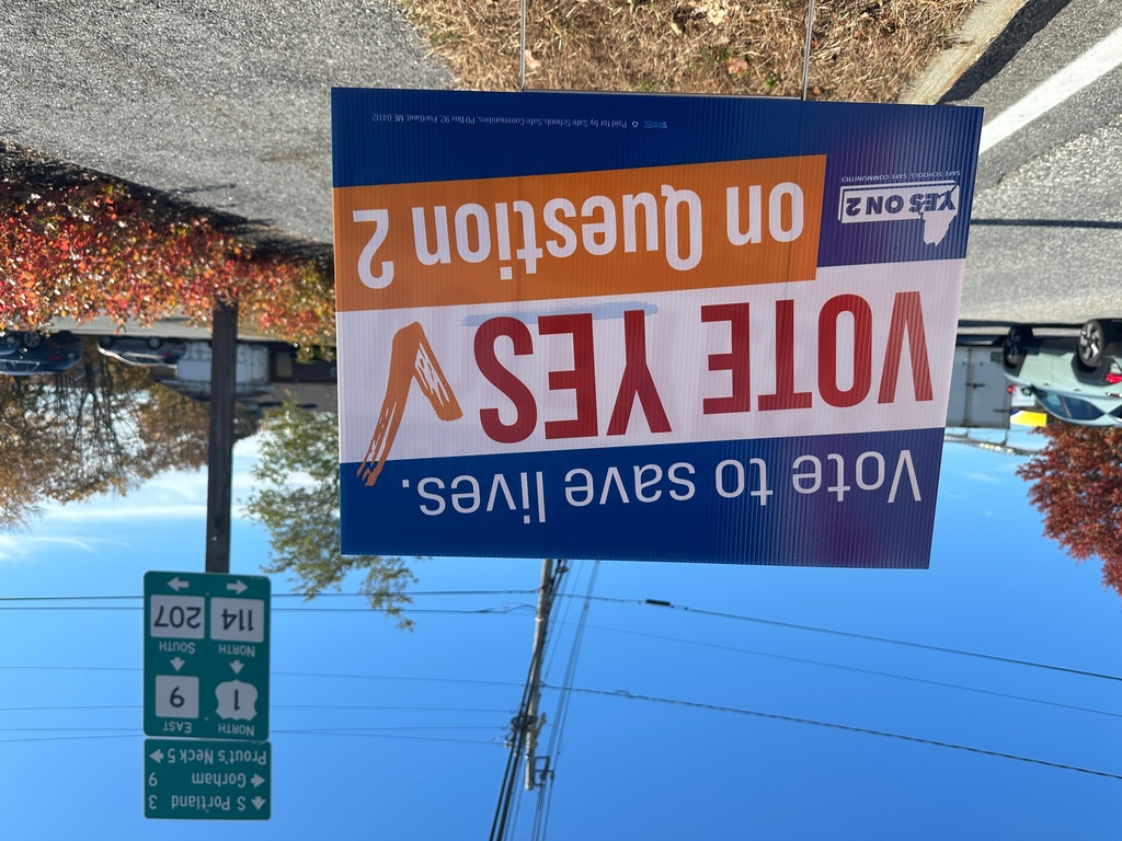 A sign promoting a gun control referendum in Scarborough, Maine, on Oct. 23, 2025. (AP Photo/Patrick Whittle)
