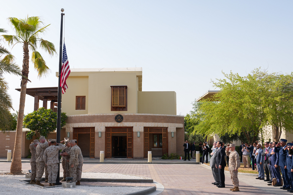 FILE - U.S. Secretary of State Marco Rubio and Steven Butler, charge d'affaires ad interim of the U.S. embassy in Kuwait, attend a flag raising ceremony at the embassy in Kuwait City, Kuwait, June 24, 2026. '(Eric Lee/Pool photo via AP, File)