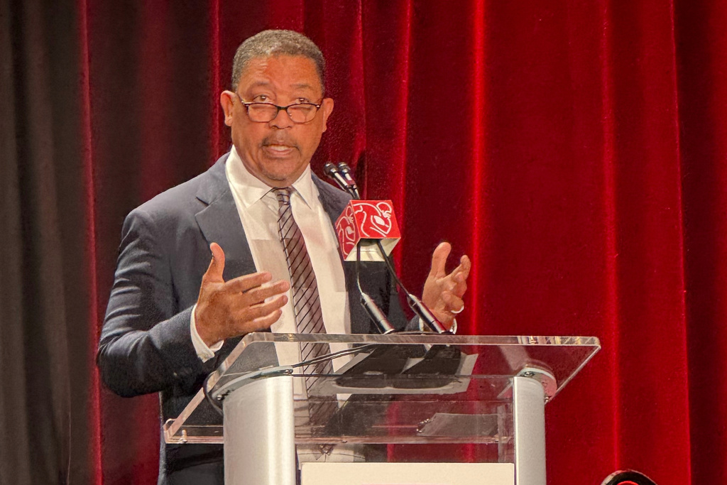 NFL Players Association interim executive director David White speaks at the union’s annual news conference, Tuesday, Feb. 3, 2026, in San Francisco, ahead of the Super Bowl 60 NFL football game between the New England Patriots and the Seattle Seahawks. (AP Photo/Rob Maaddi)