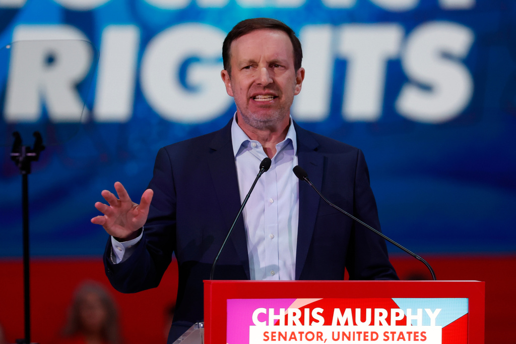 U.S. Sen. Chris Murphy, D-Conn., delivers a speech at the Global Progressive Mobilisation summit in Barcelona, Spain, Saturday, April 18, 2026. (AP Photo/Joan Monfort)