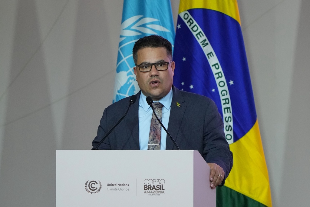 Matthew Samuda, minister of economic growth and job creation of Jamaica, speaks during a plenary session at the COP30 U.N. Climate Summit, Monday, Nov. 17, 2025, in Belem, Brazil. (AP Photo/Fernando Llano)