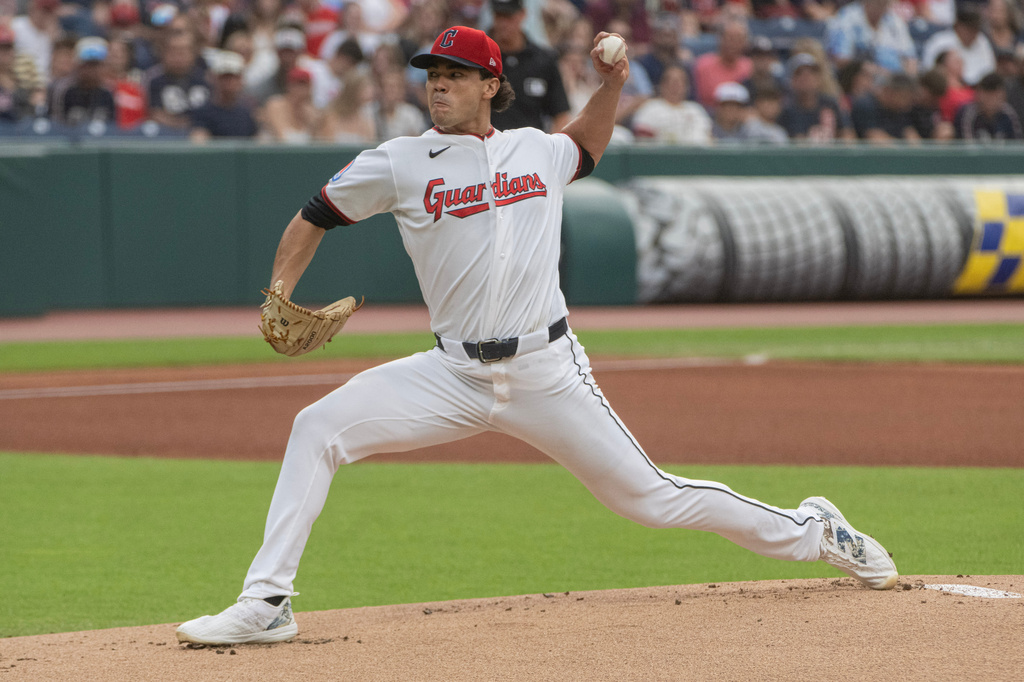 Cleveland Guardians starting pitcher Joey Cantillo delivers against the San Diego Padres during the first inning of a baseball game, Saturday, Aug. 15, 2026, in Cleveland. (AP Photo/Phil Long)