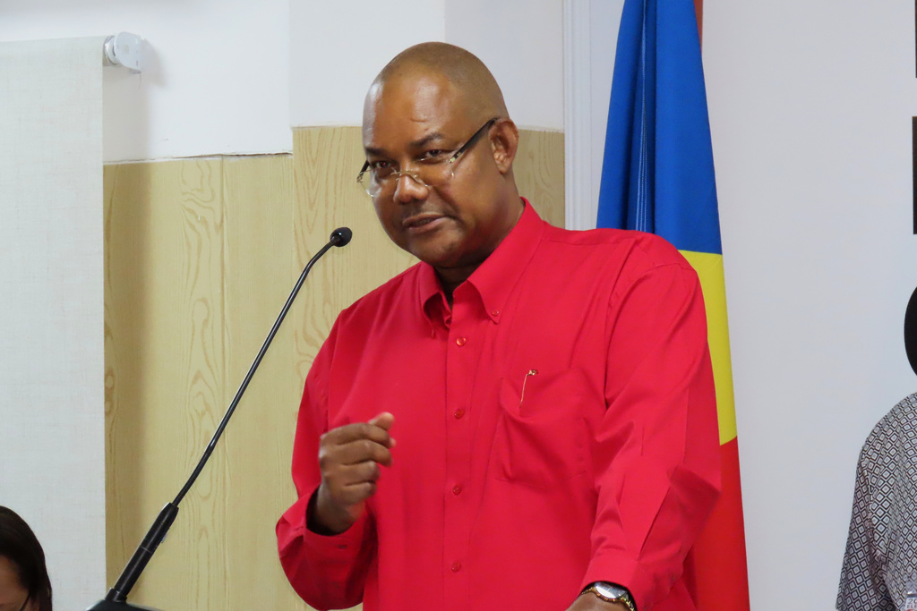 President-elect Patrick Herminie gives a speech after winning the runoff presidential election at the Electoral Commission Headquarters in Victoria, Seychelles, Sunday, Oct. 12, 2025. (AP Photo/Emilie Chetty)