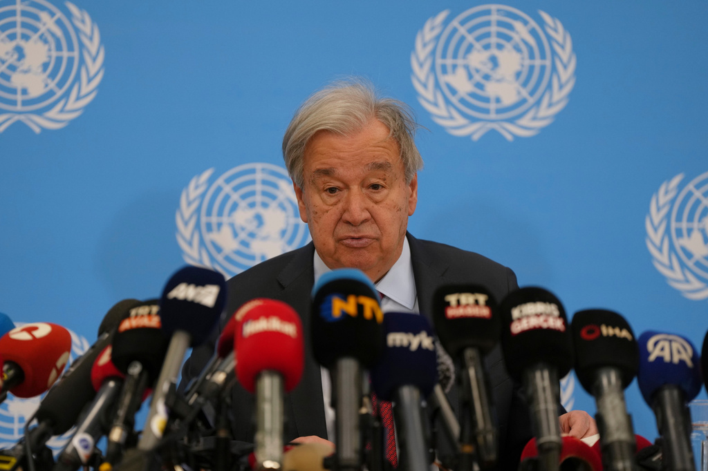 United Nations Secretary-General Antonio Guterres speaks during a press conference and after his join meeting with Turkish Cypriot Leader Tufan Erhurman and Cyprus President Nikos Christodoulides at a U.N. compound in the Nicosia airport area, inside the United Nations-controlled buffer zone in the divided capital of Nicosia, Cyprus, Wednesday, July 29, 2026. (AP Photo/Petros Karadjias )