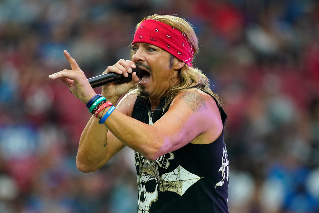 FILE - Singer Bret Michaels performs at halftime of an NFL football game between the Detroit Lions and the Arizona Cardinals in Glendale, Ariz., Sept. 8, 2019. (AP Photo/Rick Scuteri, File)