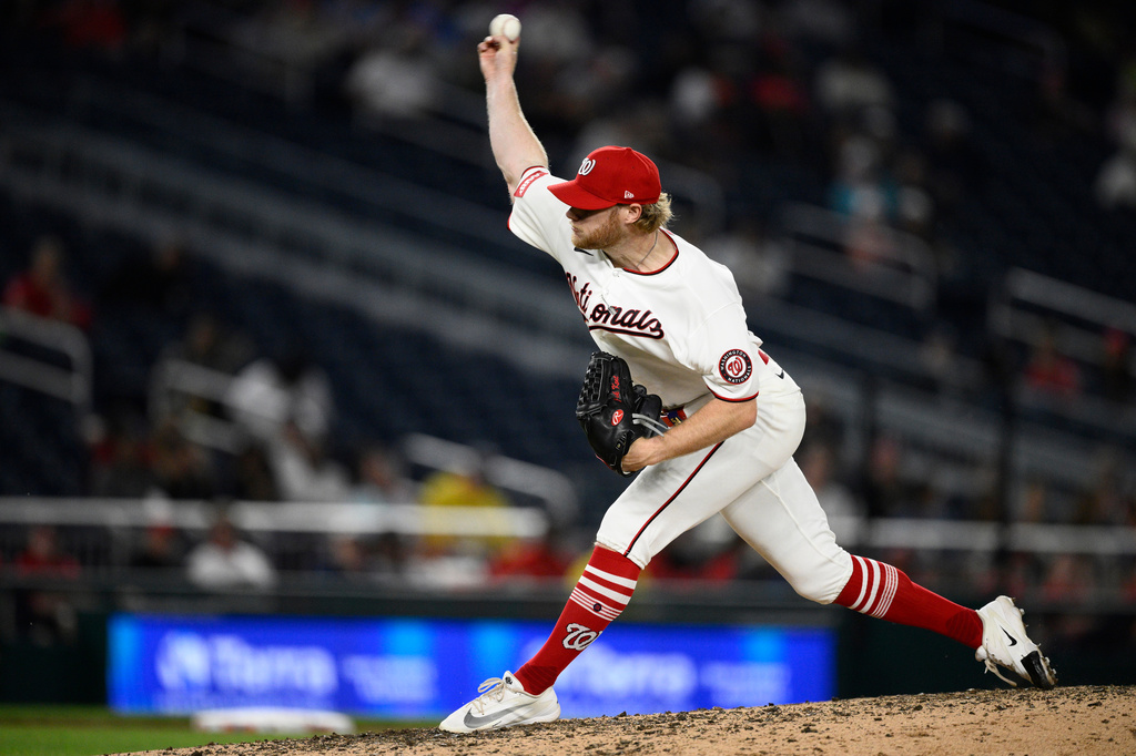Washington Nationals pitcher Zak Kent throws during the ninth inning of a baseball game against the Minnesota Twins, Wednesday, May 6, 2026, in Washington. (AP Photo/Nick Wass)