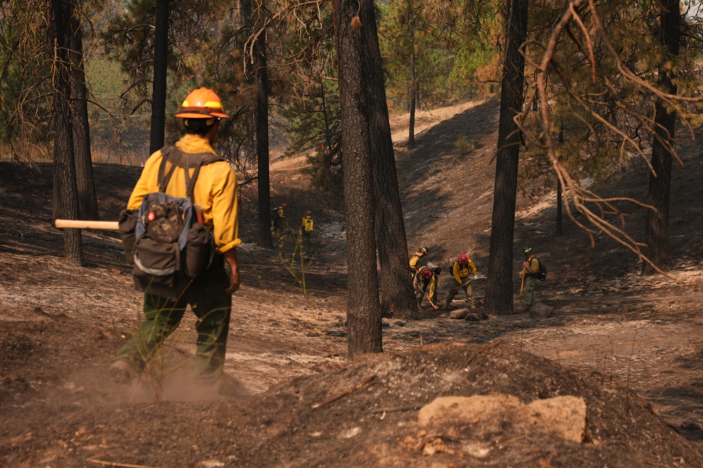 Firefighters inspect an area at Wyakin Park after a wildfire hit the northern part of Spokane, Wash., Tuesday, Aug. 4, 2026. (AP Photo/Lindsey Wasson) CORRECTION: Wyakin Park, not Weaken Park