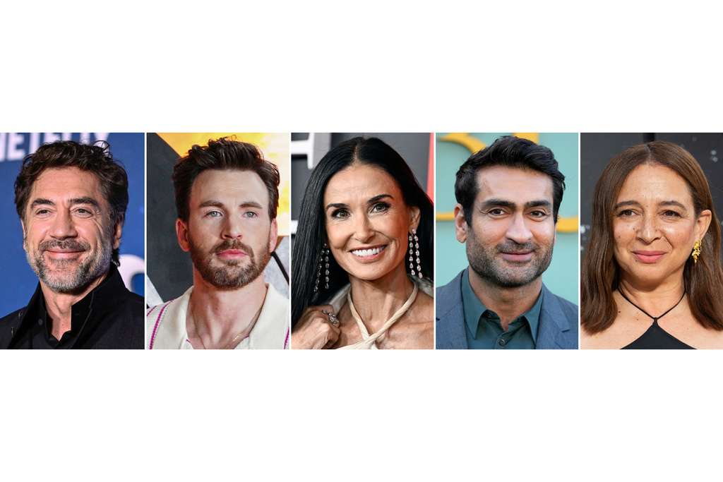 This combination of photos show, from left, Javier Bardem, Chris Evans, Demi Moore, Kumail Nanjiani and Maya Rudolph. (AP Photo)