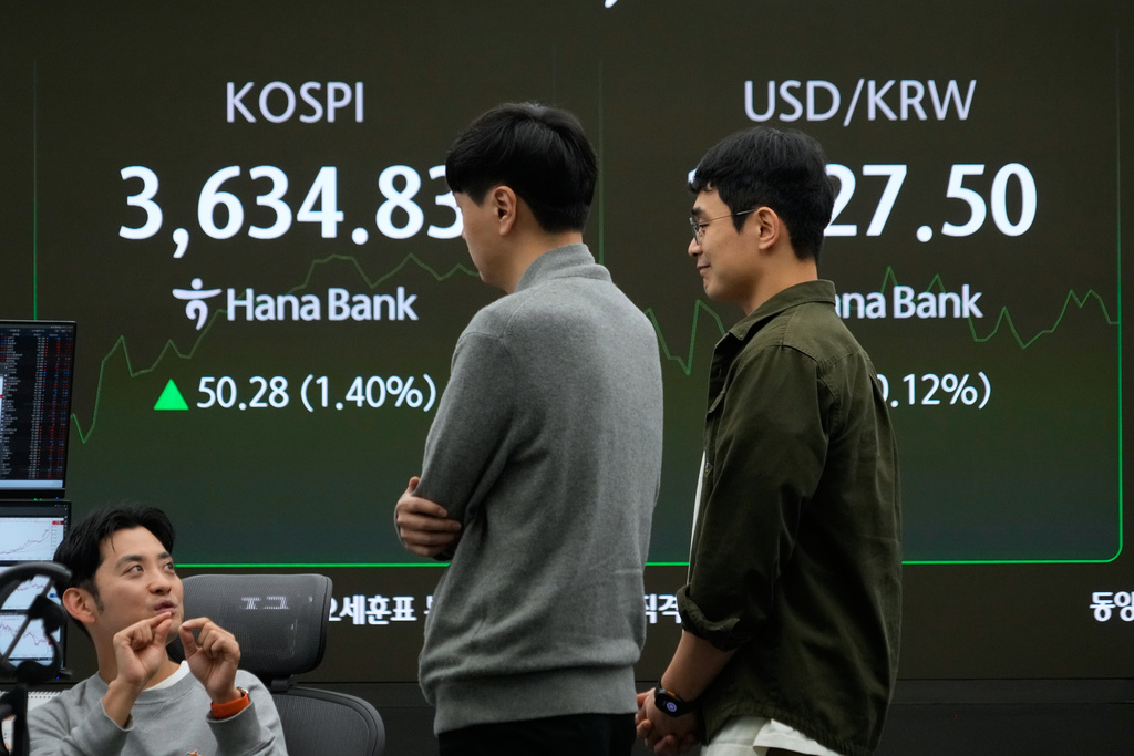 Currency traders work near a screen showing the Korea Composite Stock Price Index (KOSPI), left, and the foreign exchange rate between U.S. dollar and South Korean won at the foreign exchange dealing room of the Hana Bank headquarters in Seoul, South Korea, Tuesday, Oct. 14, 2025. (AP Photo/Ahn Young-joon)
