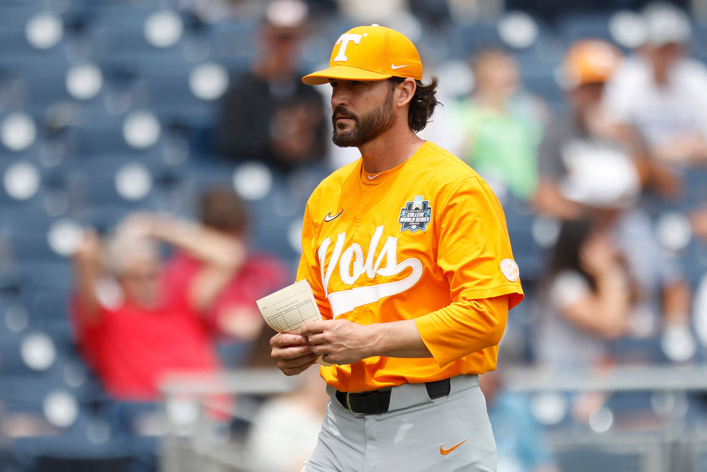 FILE - Tennessee head coach Tony Vitello walks on the field before an NCAA College World Series baseball game against Florida State on Wednesday, June 19, 2024, in Omaha, Neb. (AP Photo/Mike Buscher, File)