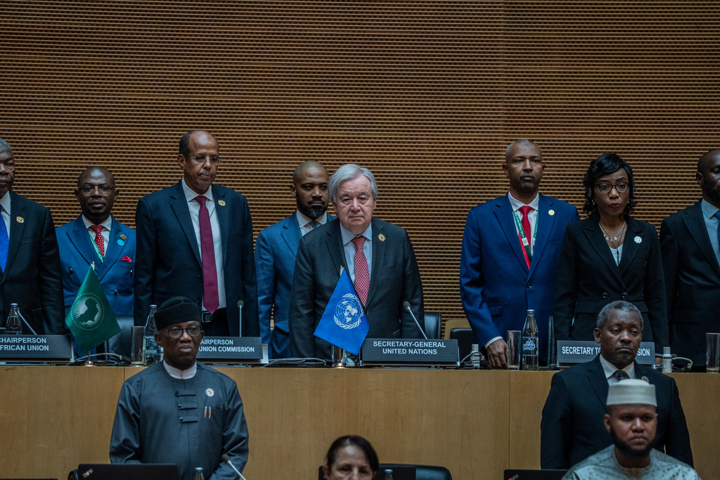 Heads of state and representatives stand for the national anthem during the annual African Union Summit at the Addis International Convention Center in Addis Ababa, Ethiopia, Saturday, Feb. 14, 2026. (AP Photo/Amanuel Sileshi)