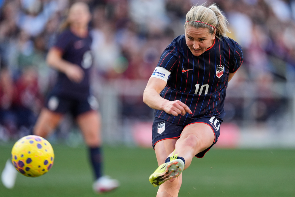 United States midfielder Lindsey Heaps (10) scores a goal during the first half of a SheBelieves Cup women's soccer tournament match against Argentina, Sunday, March 1, 2026, in Nashville, Tenn. (AP Photo/George Walker IV)