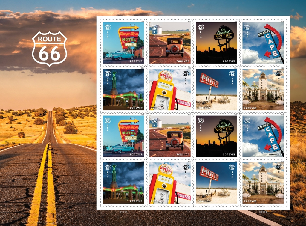 This image provided by the U.S. Postal Service shows stamps featuring historic spots along Route 66 that are being released in May 2026 to mark the celebrated highway's centennial. (U.S. Postal Service via AP)