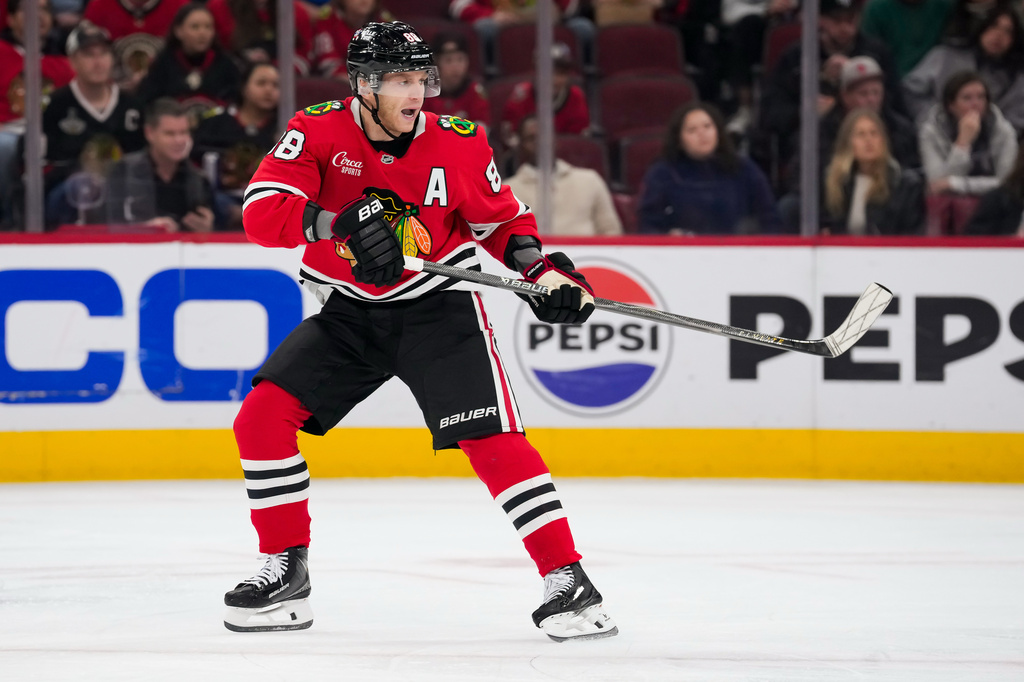 Chicago Blackhawks right wing Patrick Kane skates during the first period of an NHL hockey game against the Winnipeg Jets, Thursday, Oct. 15, 2026, in Chicago. (AP Photo/Harry Figiel)