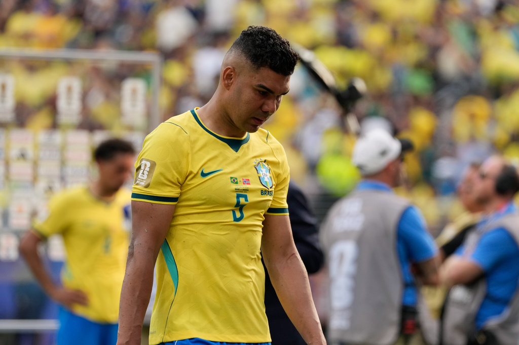 Brazil's Casemiro (5) walks off the field after the World Cup round of 16 soccer match between Brazil and Norway in East Rutherford, N.J., near New York, Sunday, July 5, 2026. (AP Photo/Seth Wenig)
