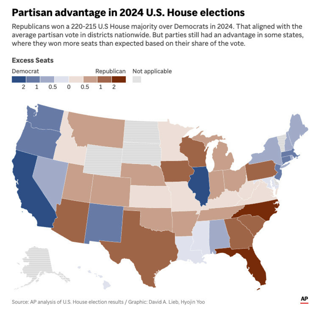 A U.S. map showing where parties won more U.S. House seats than expected based on their share of the vote. (AP Digital Embed)