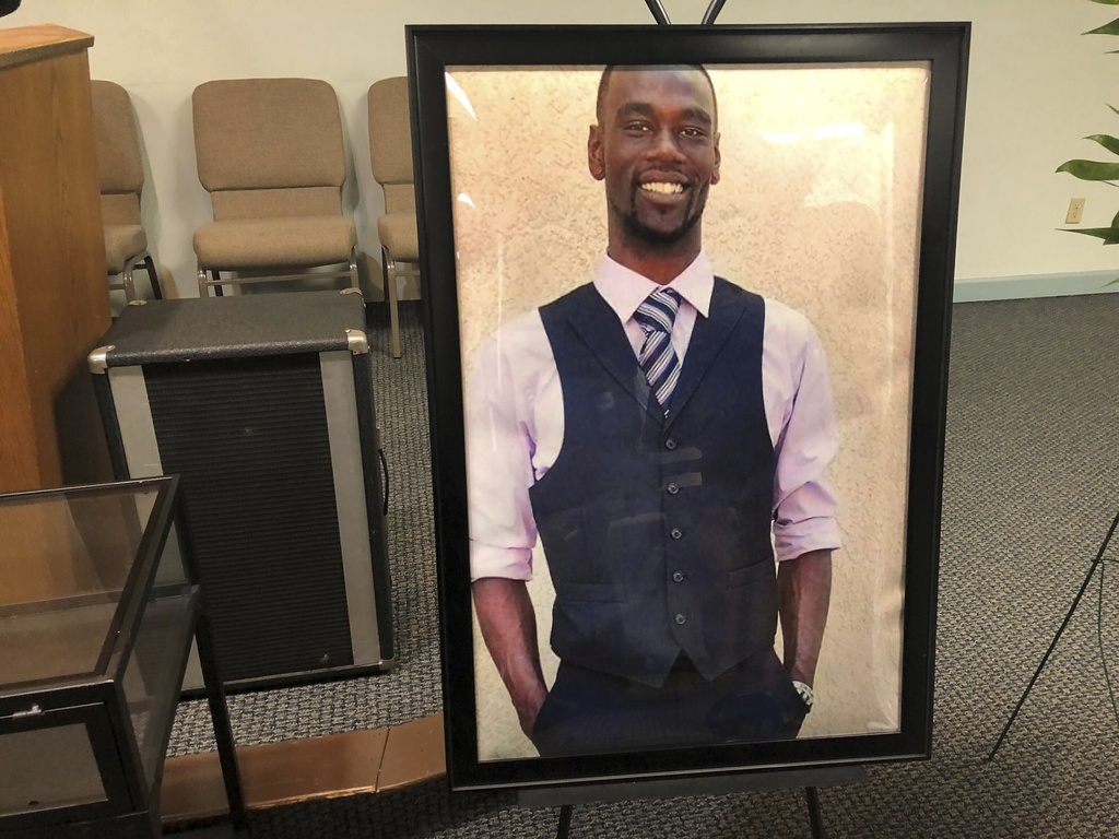 FILE - A portrait of Tyre Nichols is displayed at a memorial service for him on Tuesday, Jan. 17, 2023 in Memphis, Tenn., after he was fatally beat by Memphis Police during a traffic stop. (AP Photo/Adrian Sainz, File)
