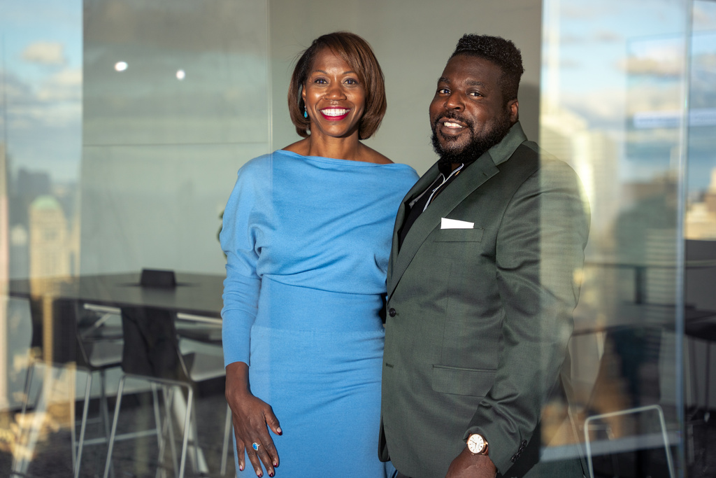 Kendra Parlock, Vice President of Partnership Development at NPower, and Robert Vaughn, Chief Innovation Officer, pose for a portrait at an NPower alumni event at World Wide Technology, Monday, Oct. 20, 2025, in New York. (AP Photo/Angelina Katsanis)