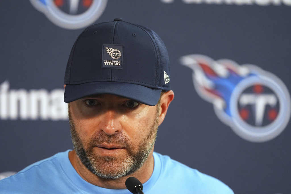 Tennessee Titans head coach Brian Callahan responds to a question during a news conference after an NFL football game against the Denver Broncos Sunday, Sept. 7, 2025, in Denver. (AP Photo/David Zalubowski)