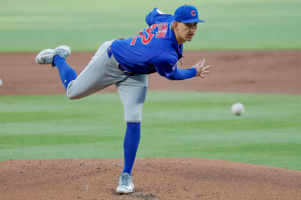 Chicago Cubs pitcher Ben Brown delivers to an Atlanta Braves batter during the first inning of a baseball game, Thursday, May 14, 2026, in Atlanta. (AP Photo/Erik S. Lesser)