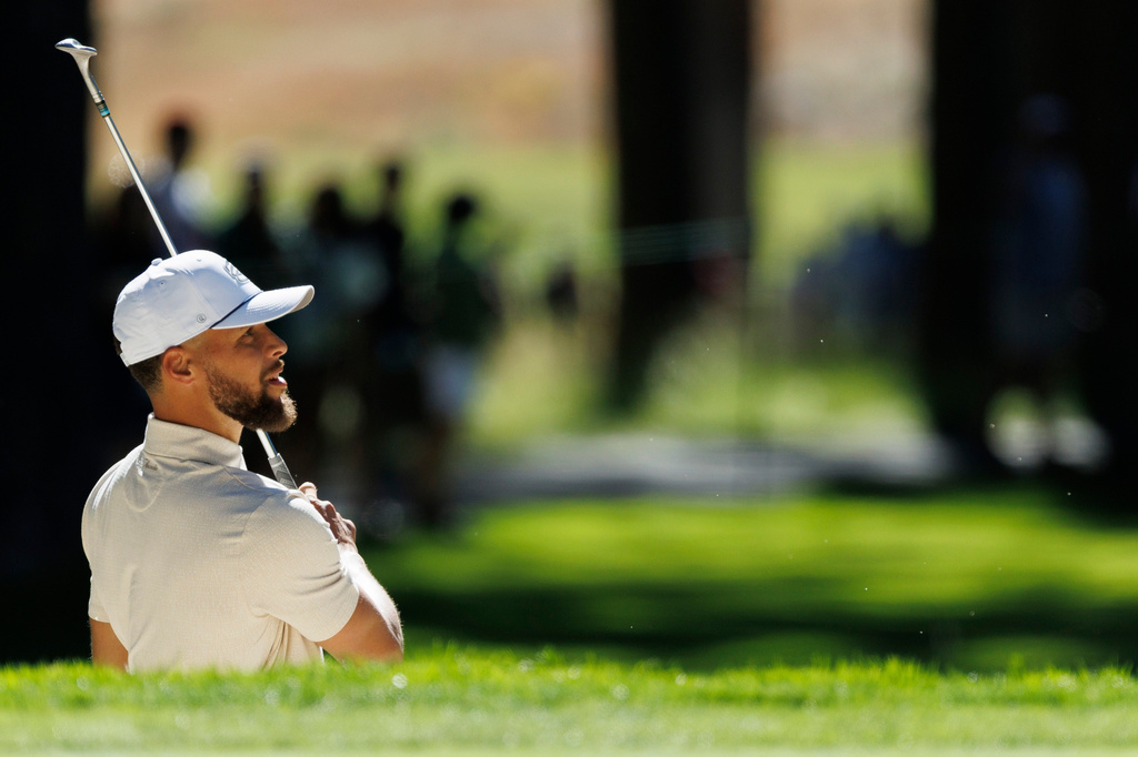 Stephen Curry follows his ball during the practice round of the American Century Championship Celebrity-Am Tournament at Edgewood Tahoe Golf Course in Stateline, Nevada, on Thursday, July 09, 2026. (Santiago Mejia/San Francisco Chronicle via AP)