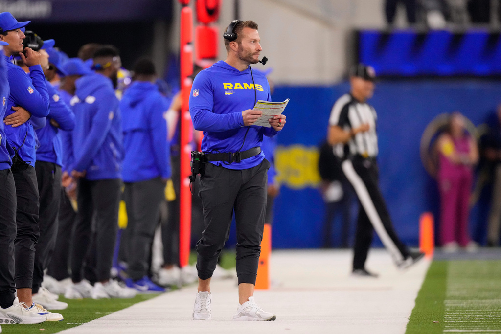 Los Angeles Rams head coach Sean McVay looks on during the second half of an NFL football game against the Tampa Bay Buccaneers, Sunday, Nov. 23, 2025, in Inglewood, Calif. (AP Photo/Mark J. Terrill)