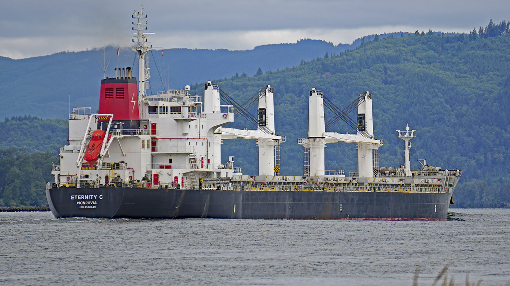 The Liberian-flagged bulk carrier Eternity C is seen near Cathlamet, Oregon, July 23, 2019. (Mike Cullom via AP)