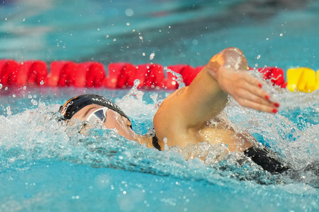 Summer McIntosh, of Canada, competes in the women's 200-meter freestyle final at the Pan Pacific Swimming Championships in Irvine, Calif., Wednesday, Aug. 12, 2026. (AP Photo/Jae C. Hong)