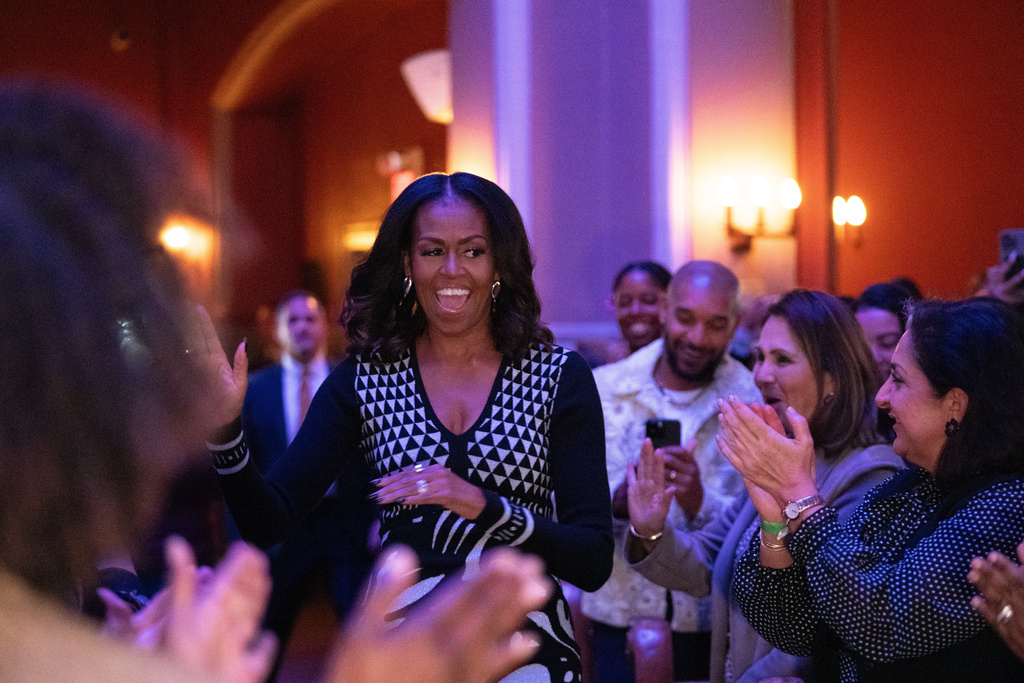 Former first lady Michelle Obama speaks about her new book "The Look" during an event at Sixth and I, Wednesday, Nov. 12, 2025, in Washington. (AP Photo/Allison Robbert)