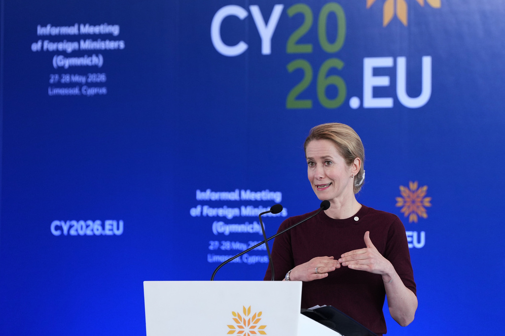European Union foreign policy chief Kaja Kallas talks to the media after the Informal meeting of EU Foreign ministers, in the port city of Limassol, Cyprus, Thursday, May 28, 2026. (AP Photo/Petros Karadjias)