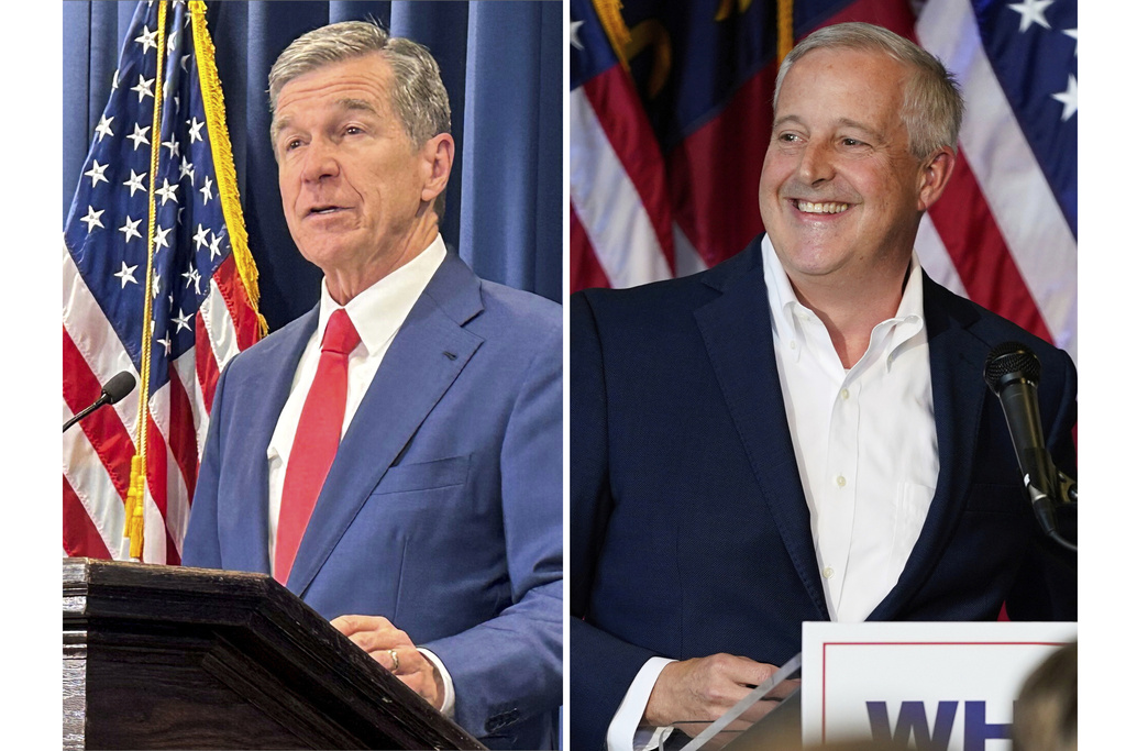 FILE - This photo combination shows North Carolina Gov. Roy Cooper, in Raleigh, N.C., Oct. 23, 2024, left, and Republican National Committee Chairman Michael Whatley, in Gastonia, N.C., July 31, 2025, right. (AP Photo/Gary D. Robertson, Erik Verduzco, file)