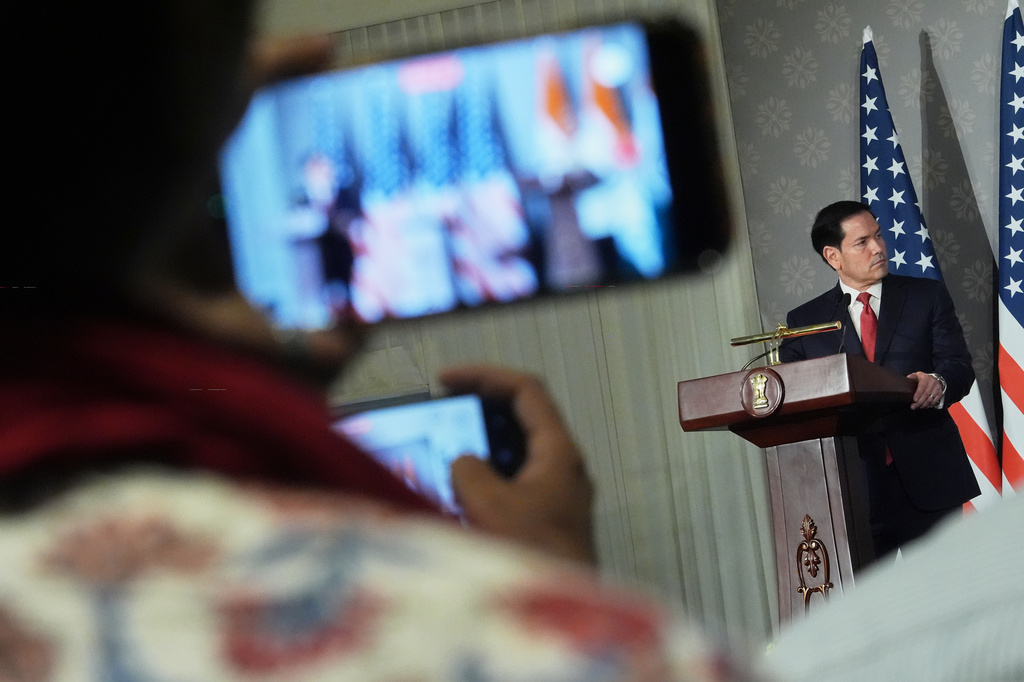 United States Secretary of State Marco Rubio listens to India's Minister of External Affairs S. Jaishankar, unseen, at a joint presser following their talks in New Delhi, India, Sunday, May 24, 2026. (AP Photo/Julia Demaree Nikhinson, Pool)