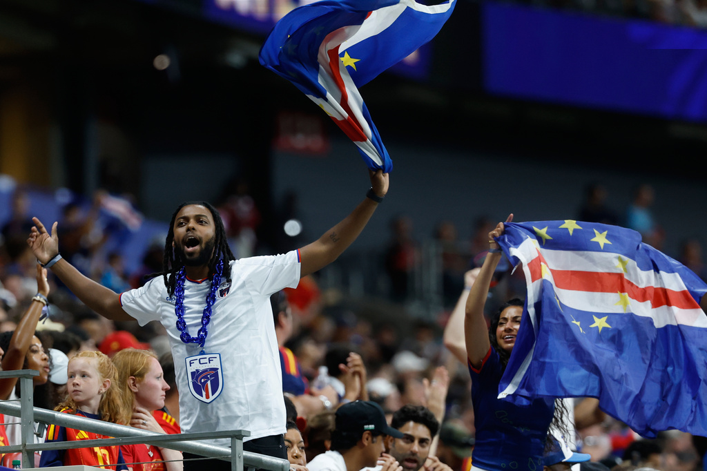 Cape Verde fans cheer during the World Cup Group H soccer match between Spain and Cape Verde in Atlanta, Monday, June 15, 2026. (AP Photo/Erik S. Lesser)