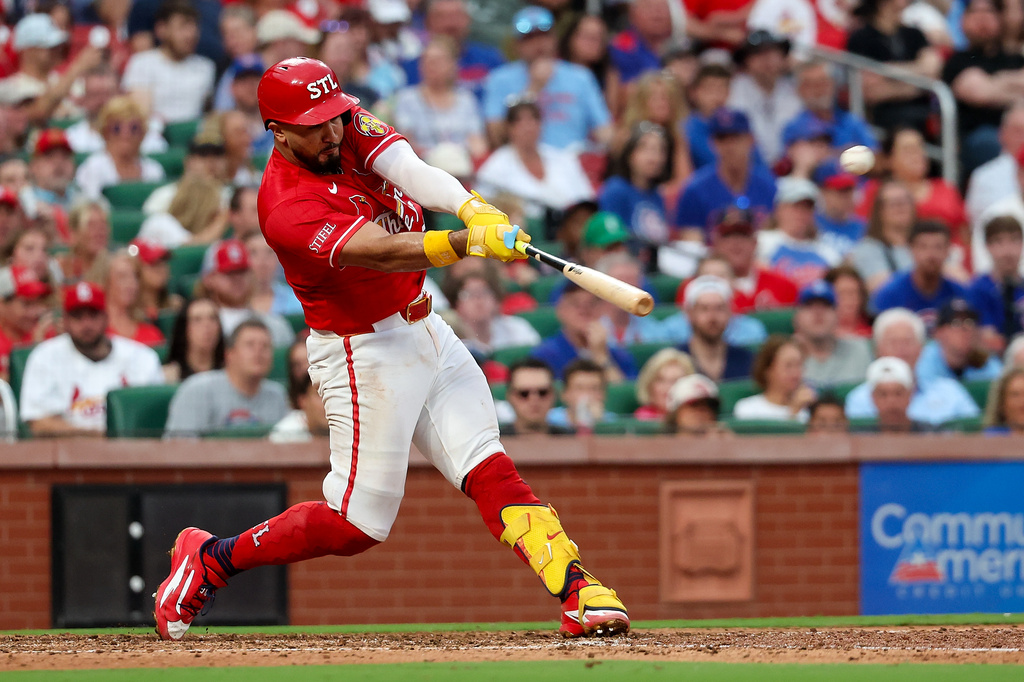 St. Louis Cardinals' Iván Herrera hits a solo home run during the fifth inning of a baseball game against the Chicago Cubs, Friday, May 29, 2026, in St. Louis. (AP Photo/Scott Kane)
