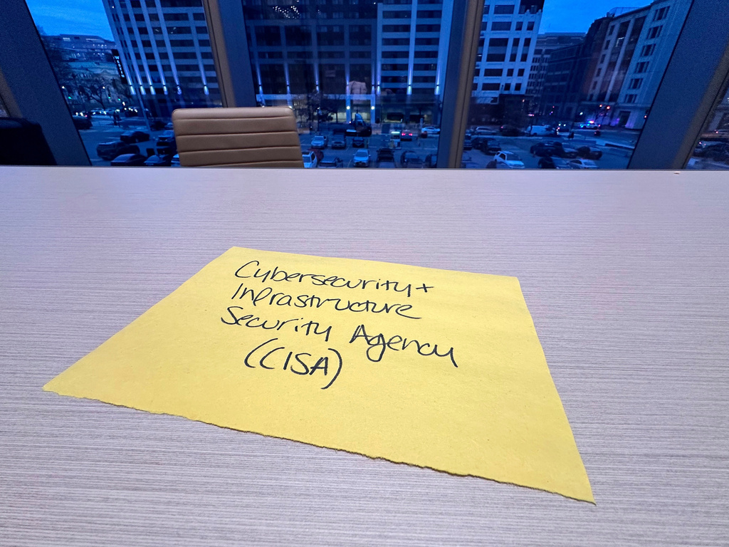 FILE - A spot that had been reserved for a representative of the Cybersecurity and Infrastructure Security Agency sits vacant at a meeting of the National Association of State Election Directors in Washington, Feb. 2, 2025. (AP Photo/Christina A. Cassidy, File)