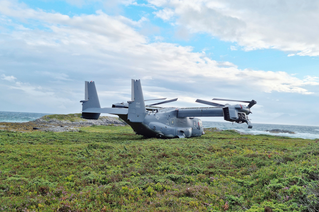 FILE - A Boeing V-22 Osprey is seen on Aug. 13, 2022, in Senja, Norway, after an emergency landing due to a clutch issue. (Norwegian Armed Forces via AP, File)