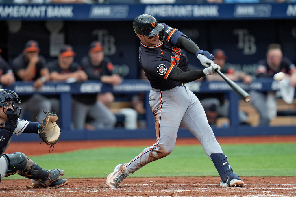 Detroit Tigers' Dillon Dingler connects for a three-run home run off Tampa Bay Rays pitcher Nick Martinez during the fourth inning of a baseball game Wednesday, June 3, 2026, in St. Petersburg, Fla. (AP Photo/Chris O'Meara)