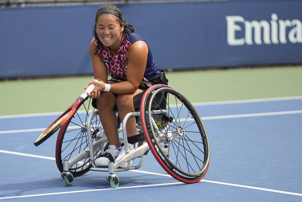 Yui Kamiji, of Japan, reacts after defeating Li Xiaohui, of China, in the wheelchair women's singles final of the U.S. Open tennis championships, Saturday, Sept. 6, 2025, in New York. (AP Photo/Kirsty Wigglesworth)