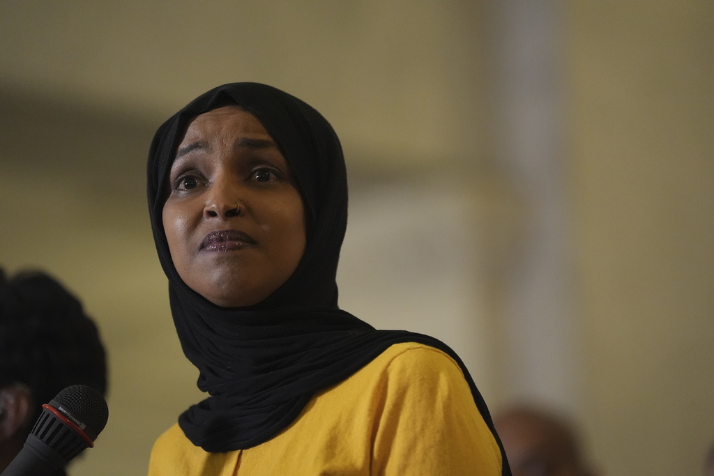 Rep. Ilhan Omar, D-Minn., speaks during a news conference in Minneapolis City Hall, Thursday, Aug. 28, 2025, in Minneapolis. (AP Photo/Abbie Parr)