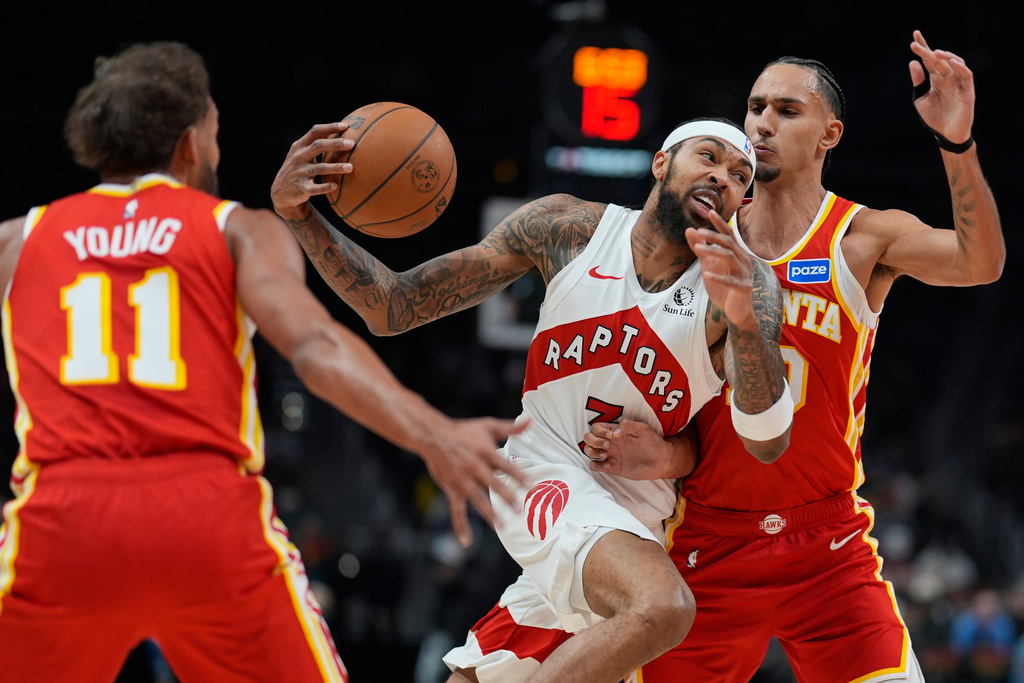 Toronto Raptors forward Brandon Ingram (3) drives against Atlanta Hawks during the first half of an NBA basketball game, Wednesday, Oct. 22, 2025, in Atlanta. (AP Photo/Mike Stewart)