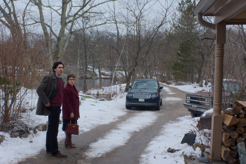 This image released by Mubi shows Adam Driver, left, and Mayim Bialik in a scene from "Father Mother Sister Daughter." (Mubi via AP)